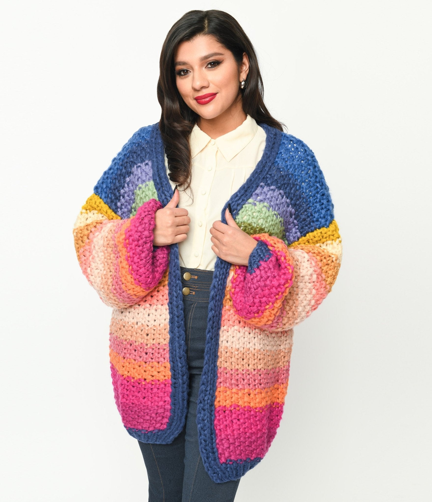 Navy Multicolor Striped Crochet Knit Open Cardigan Unique Vintage