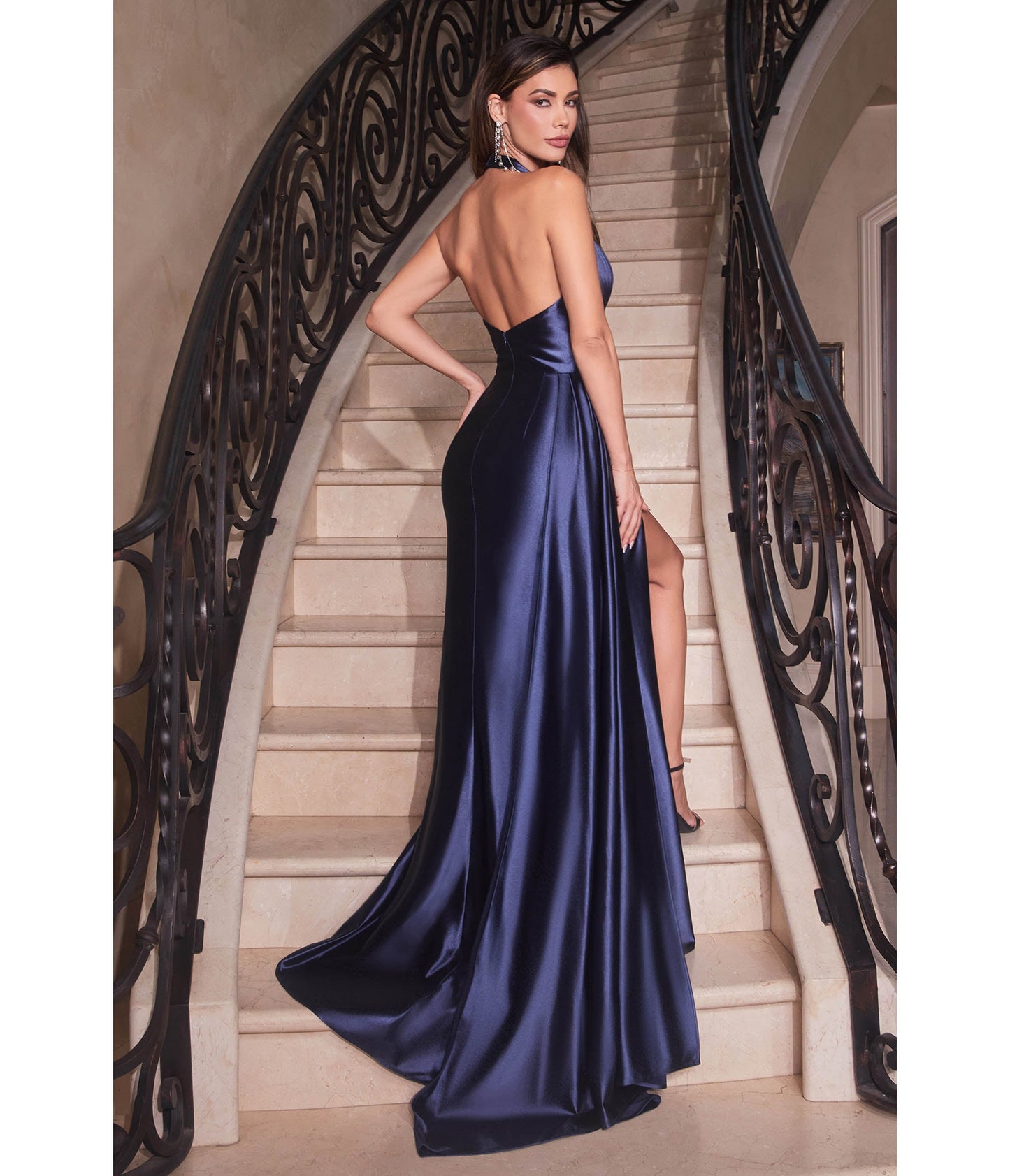 Navy Pleated Satin Halter Fitted Slit Dress - Unique Vintage - Womens, DRESSES, PROM AND SPECIAL OCCASION