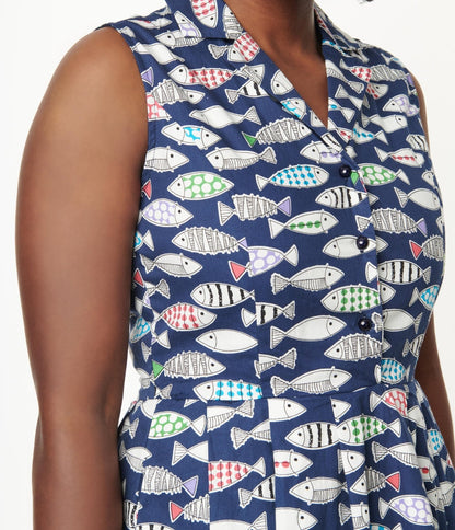 Navy & Rainbow Fish Print Flare Dress - Unique Vintage - Womens, DRESSES, FIT AND FLARE