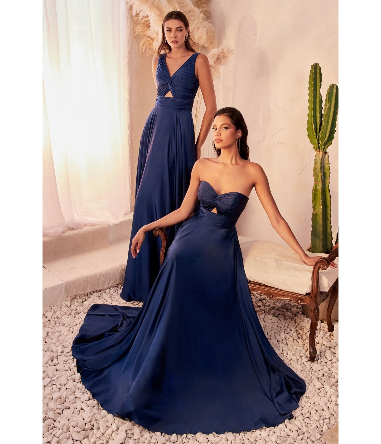Navy Satin Strapless Keyhole Evening Gown - Unique Vintage - Womens, DRESSES, PROM AND SPECIAL OCCASION