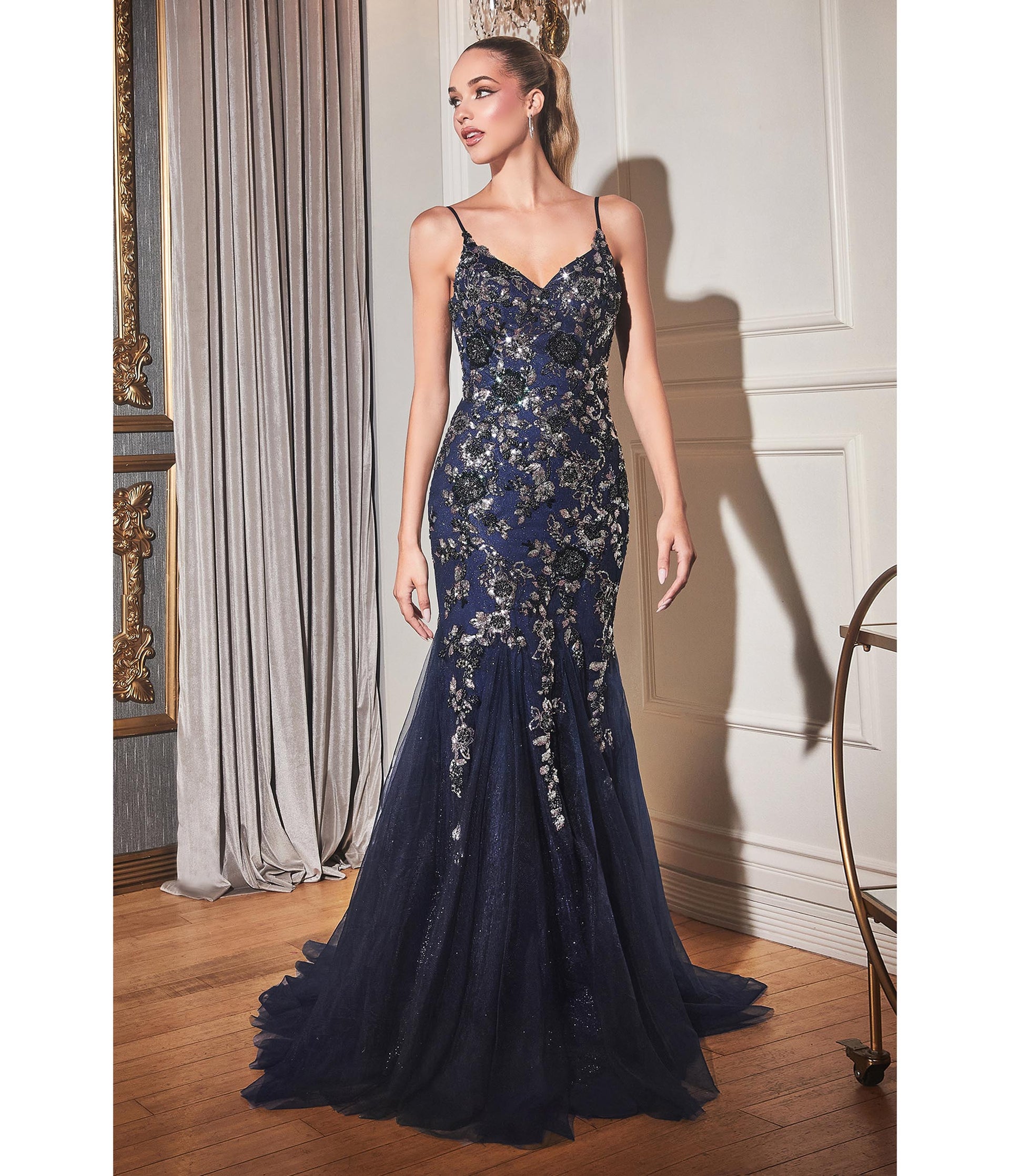 Navy & Silver Rhinestone Floral Trumpet Bridesmaid Gown - Unique Vintage - Womens, DRESSES, PROM AND SPECIAL OCCASION