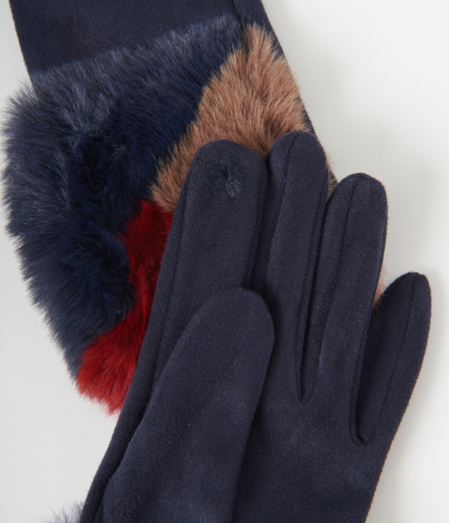 Navy Suede & Burgundy Faux Fur Trim Gloves - Unique Vintage - Womens, ACCESSORIES, GLOVES/SCARVES