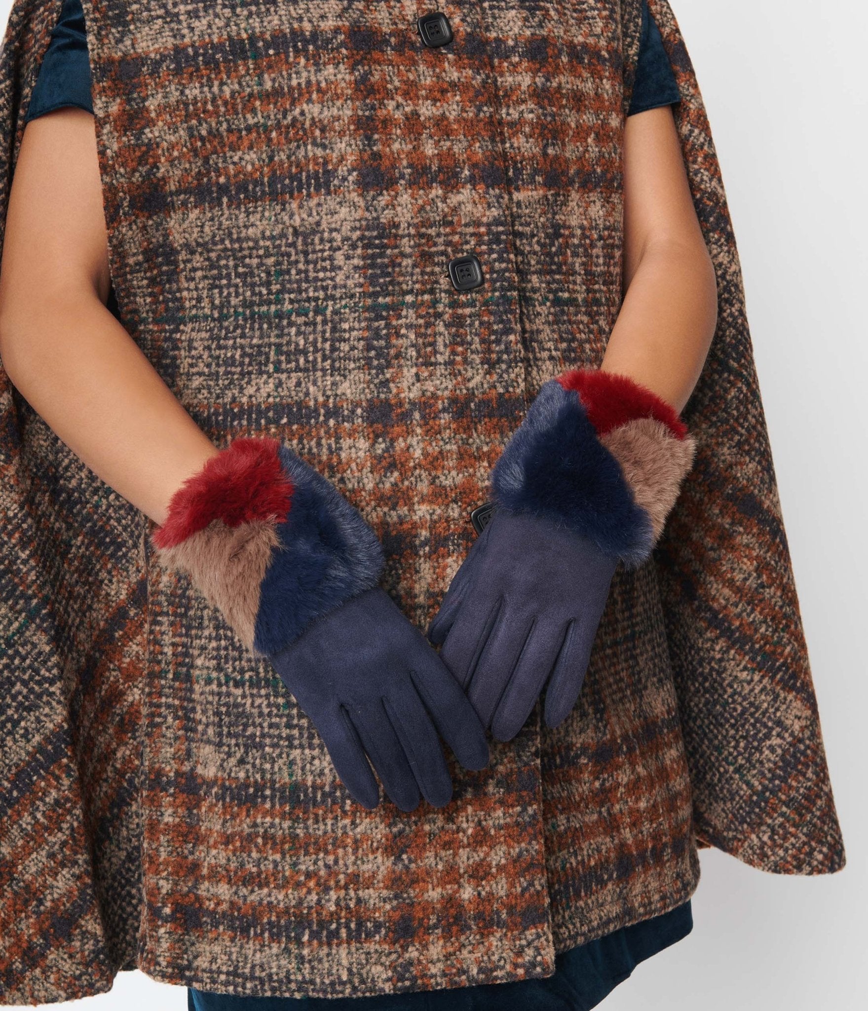 Navy Suede & Burgundy Faux Fur Trim Gloves - Unique Vintage - Womens, ACCESSORIES, GLOVES/SCARVES