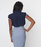 Navy & White Bow Button Down Blouse - Unique Vintage - Womens, TOPS, WOVEN TOPS