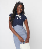 Navy & White Bow Button Down Blouse - Unique Vintage - Womens, TOPS, WOVEN TOPS