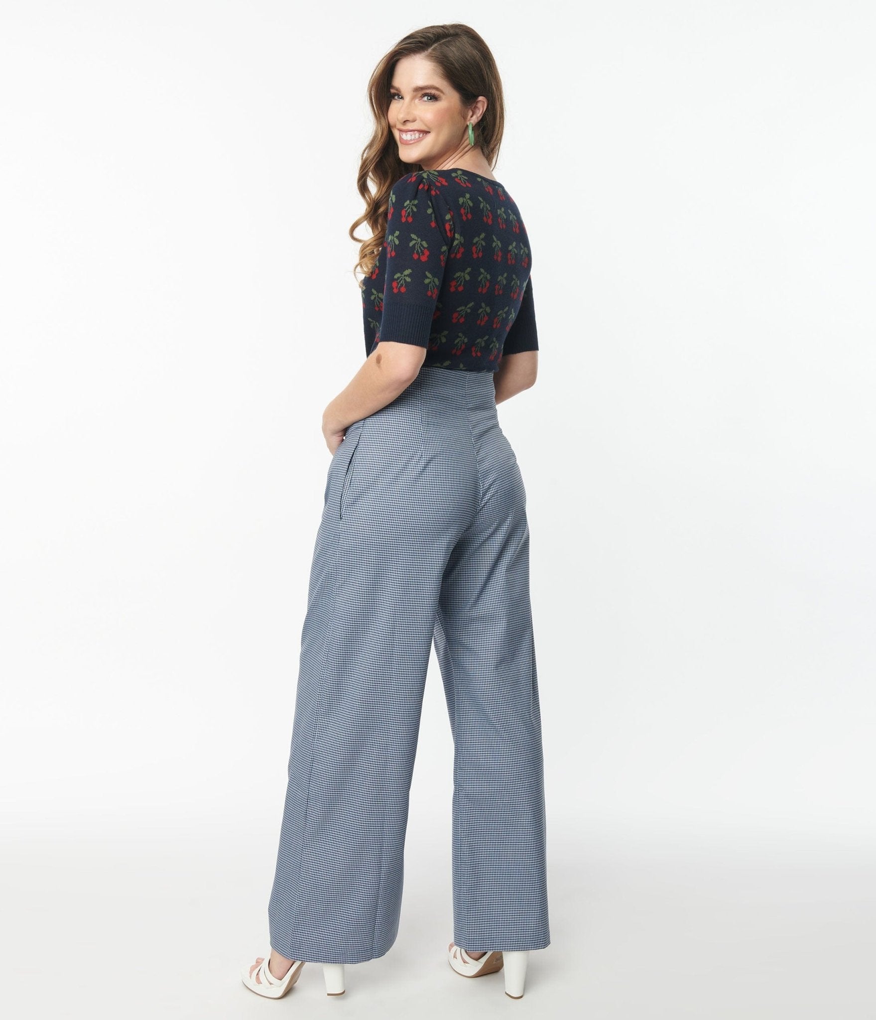 Navy & White Gingham Wide Legged Trousers - Unique Vintage - Womens, BOTTOMS, PANTS