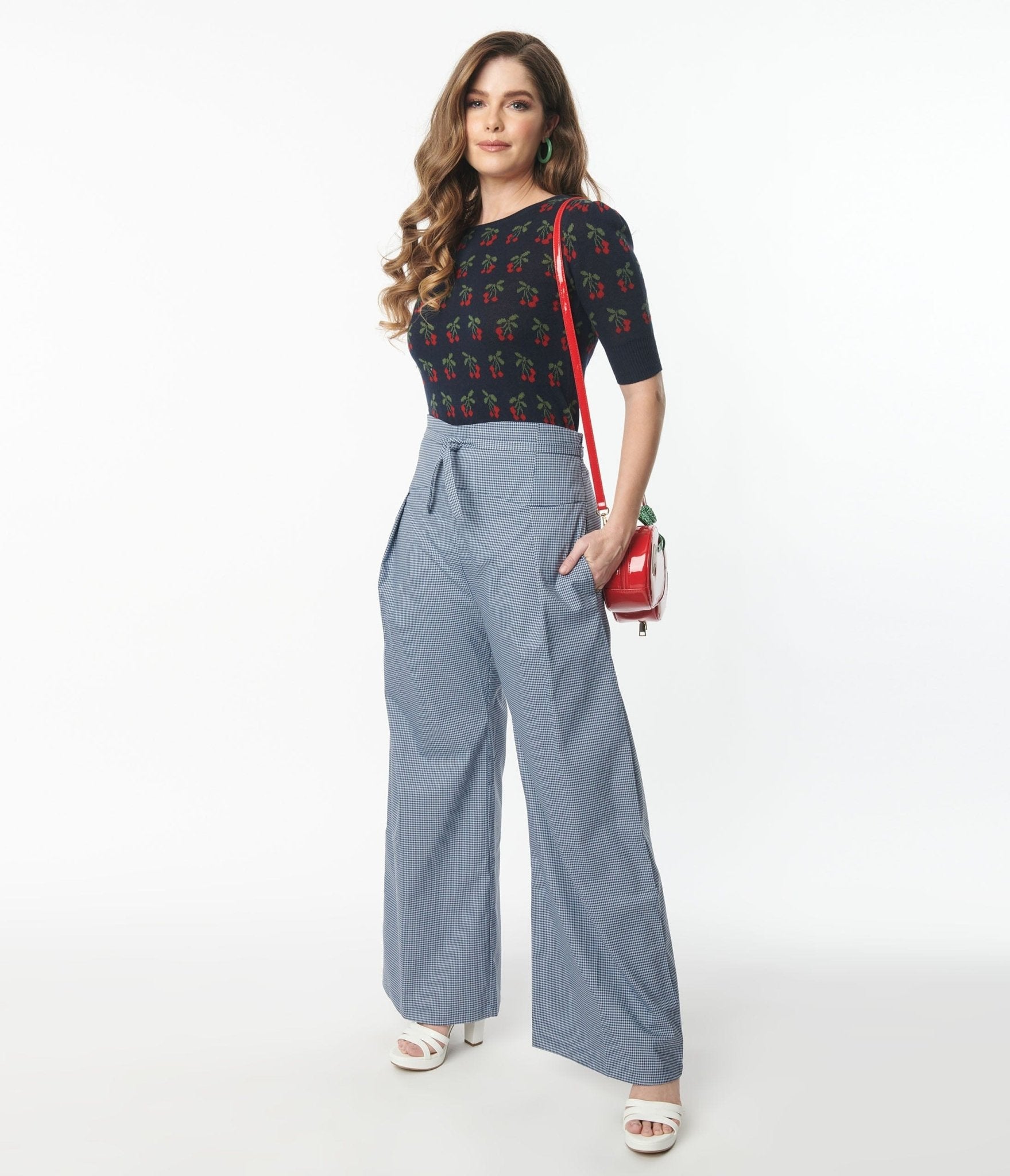 Navy & White Gingham Wide Legged Trousers - Unique Vintage - Womens, BOTTOMS, PANTS