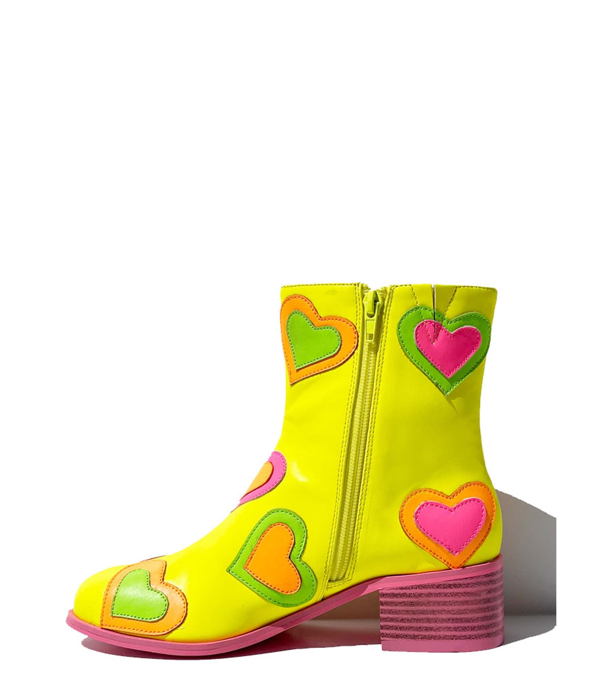 Neon Yellow & Rainbow Heart to Heart Ankle Boot - Unique Vintage - Womens, SHOES, BOOTS