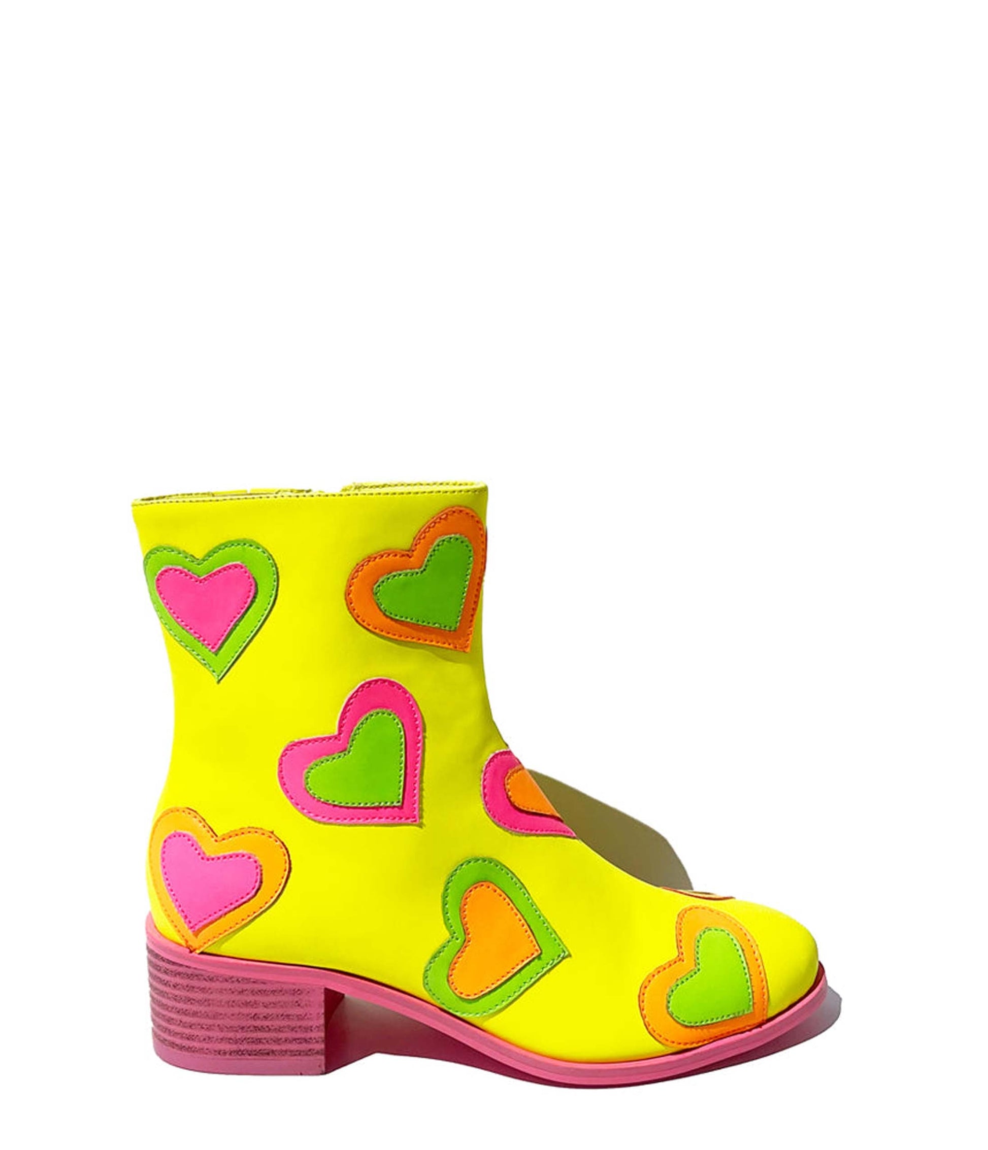 Neon Yellow & Rainbow Heart to Heart Ankle Boot - Unique Vintage - Womens, SHOES, BOOTS