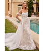 Cinderella Divine  Off White Floral Lace Bridal Trumpet Gown with Removable Overskirt