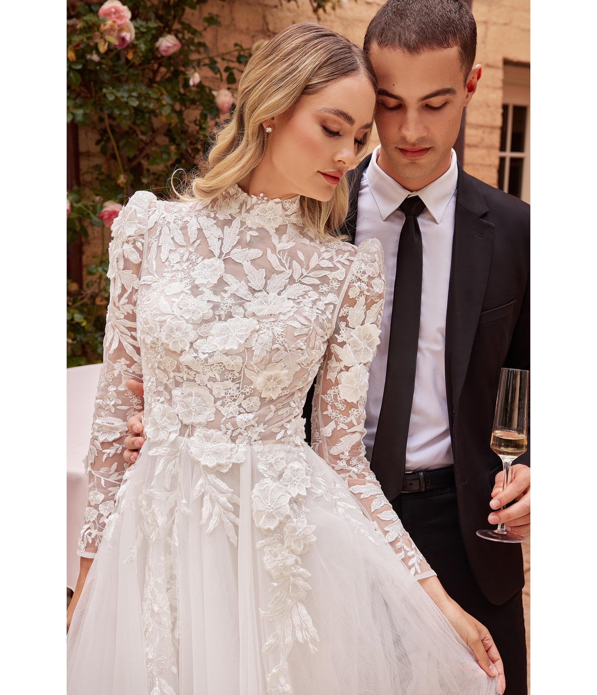 Off White Floral Long Sleeve Wedding Ball Gown - Unique Vintage - Womens, DRESSES, PROM AND SPECIAL OCCASION
