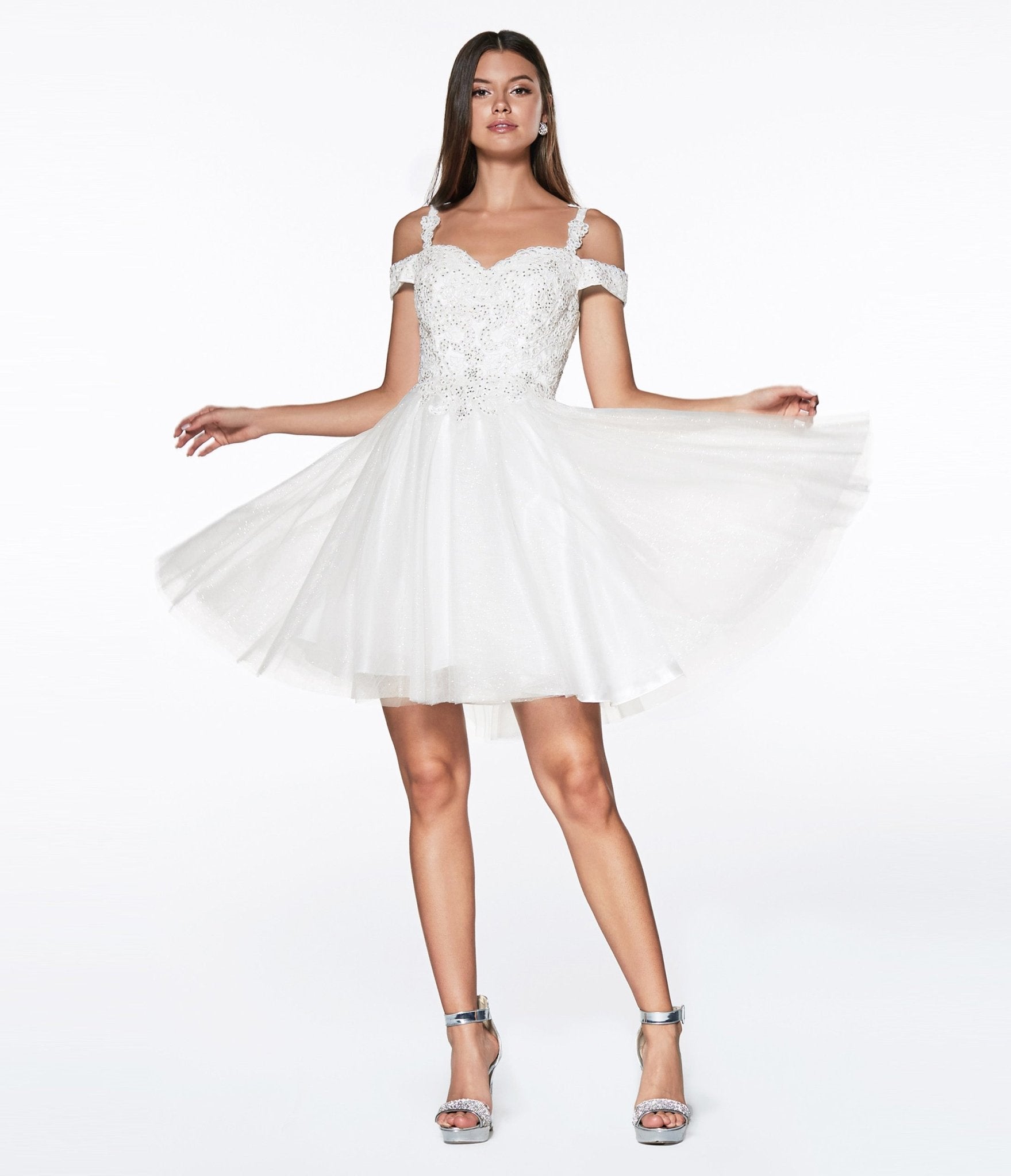 Off White Glitter Tulle Cold Shoulder Homecoming Dress - Unique Vintage - Womens, DRESSES, PROM AND SPECIAL OCCASION