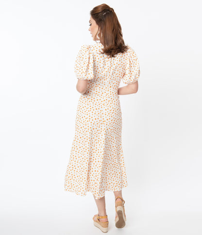 Off White & Orange Polka Dot Catherine Maxi Dress - Unique Vintage - Womens, DRESSES, MAXI