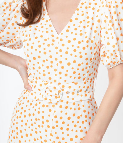 Off White & Orange Polka Dot Catherine Maxi Dress - Unique Vintage - Womens, DRESSES, MAXI