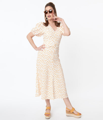 Off White & Orange Polka Dot Catherine Maxi Dress - Unique Vintage - Womens, DRESSES, MAXI