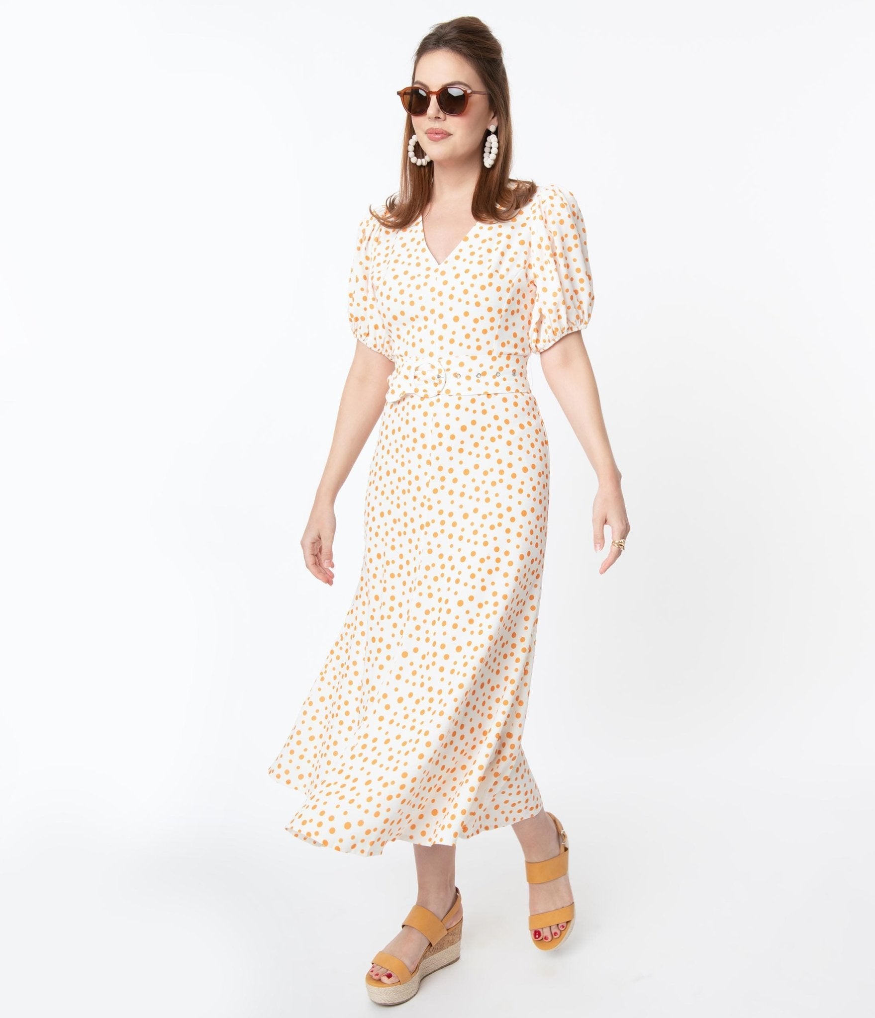 Off White & Orange Polka Dot Catherine Maxi Dress - Unique Vintage - Womens, DRESSES, MAXI