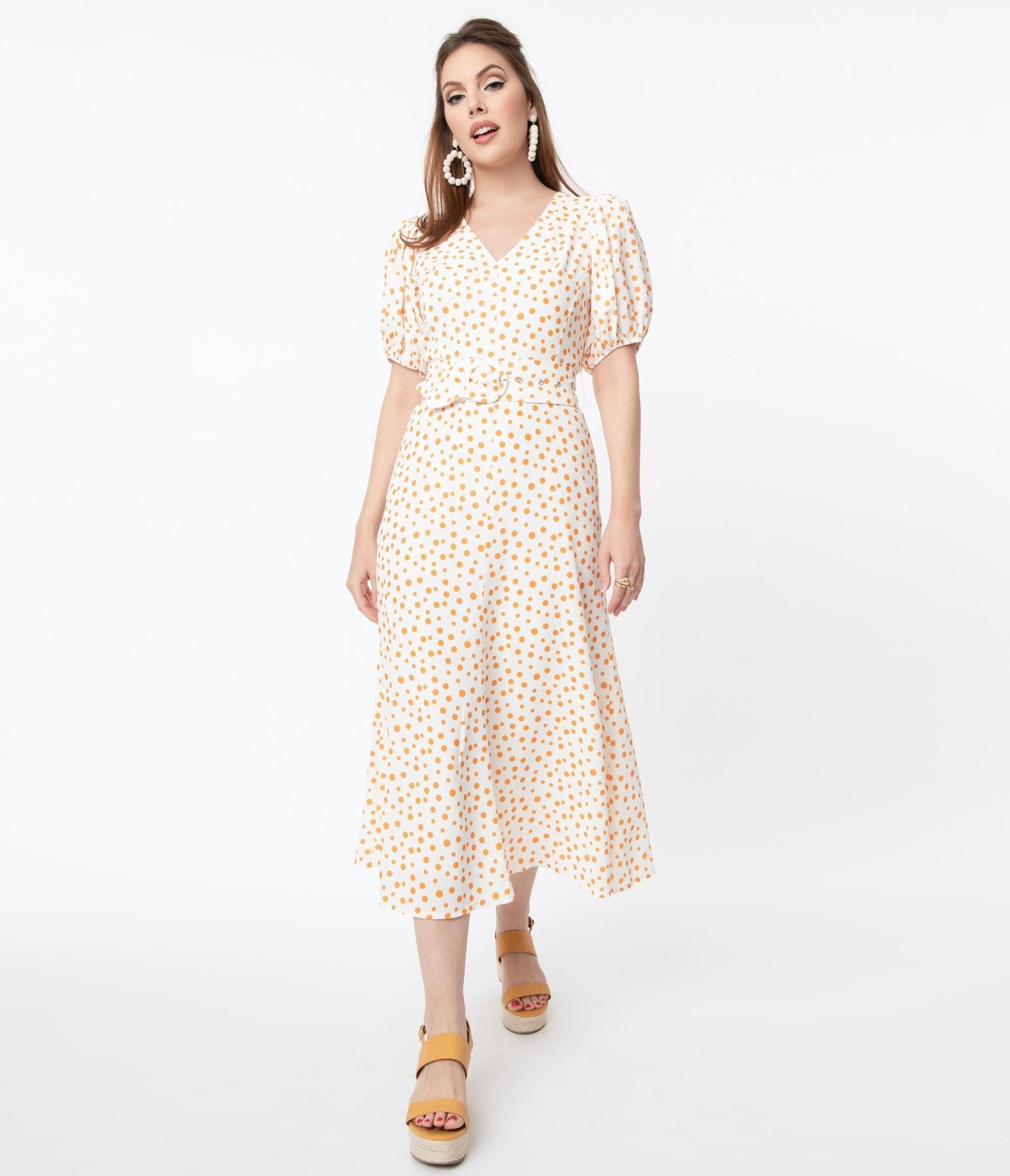 Off White & Orange Polka Dot Catherine Maxi Dress - Unique Vintage - Womens, DRESSES, MAXI