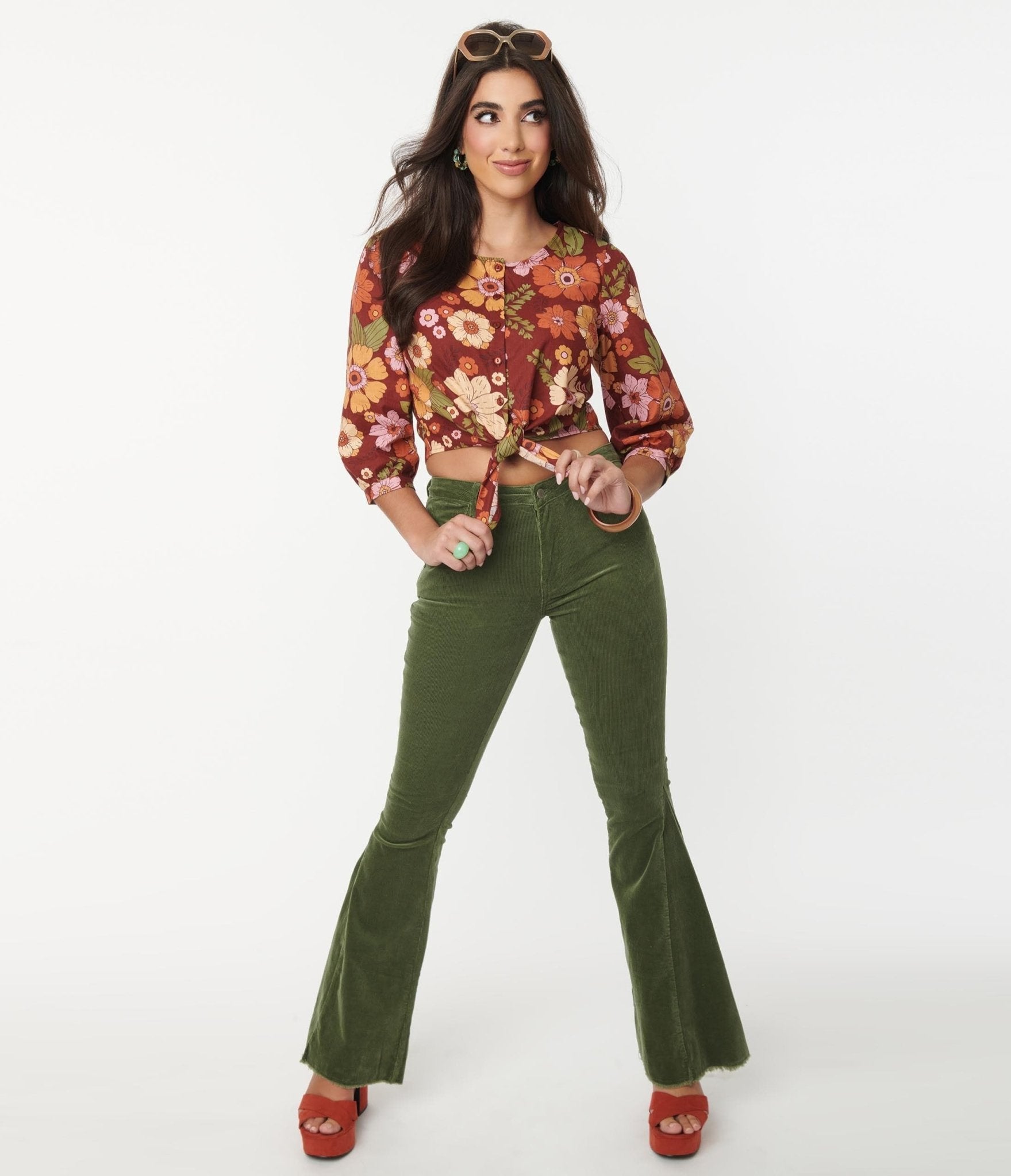 Olive Green Corduroy Flare Pants - Unique Vintage - Womens, BOTTOMS, PANTS