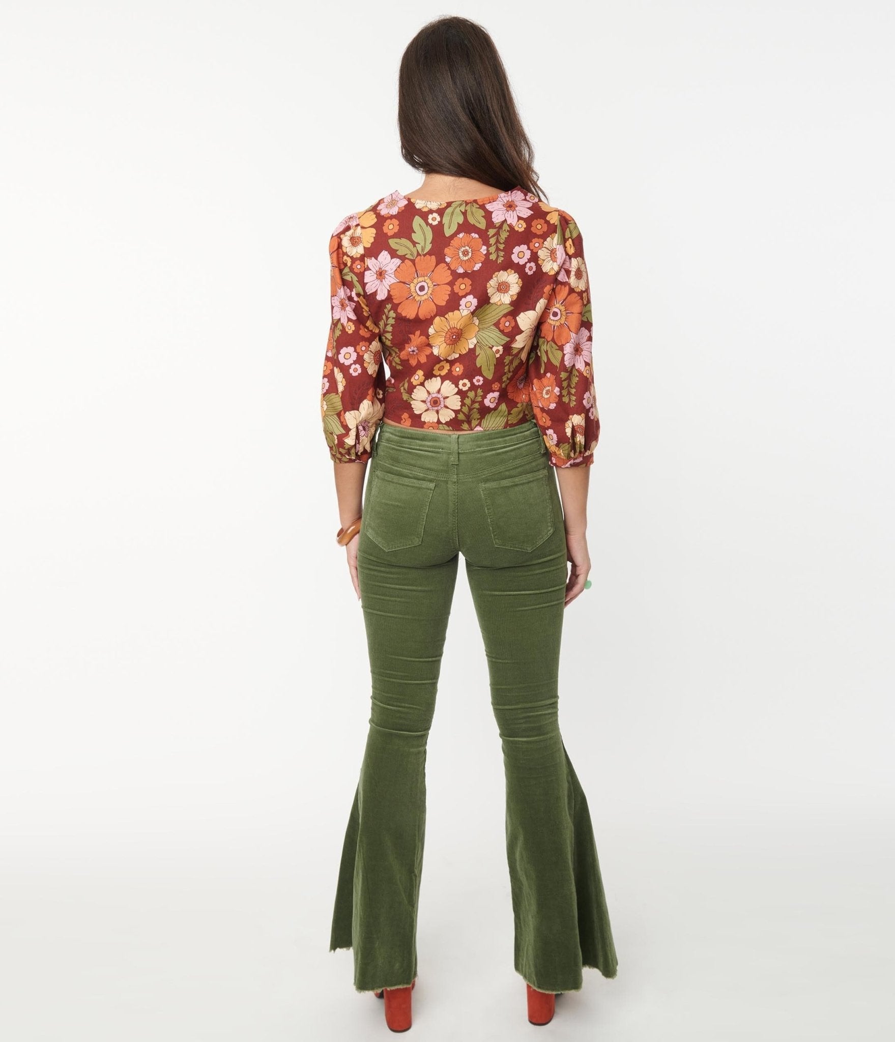 Olive Green Corduroy Flare Pants - Unique Vintage - Womens, BOTTOMS, PANTS