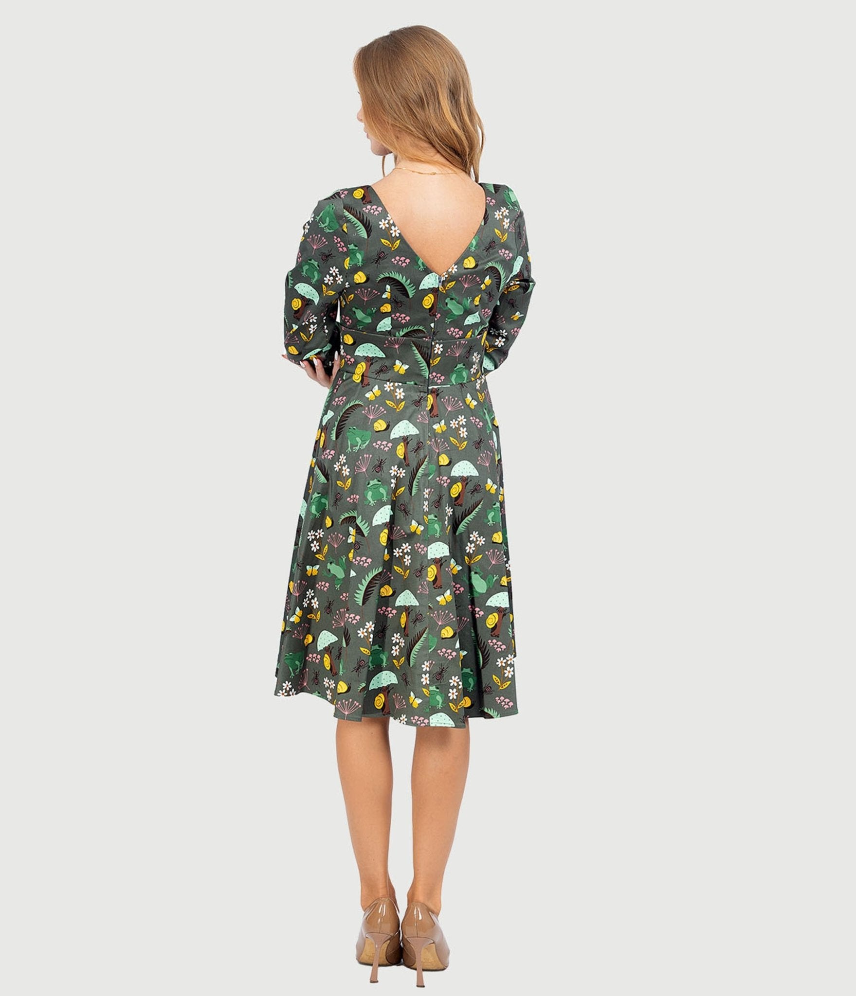 Olive Green & Rain Forest Print Fit & Flare Dress - Unique Vintage - Womens, DRESSES, FIT AND FLARE