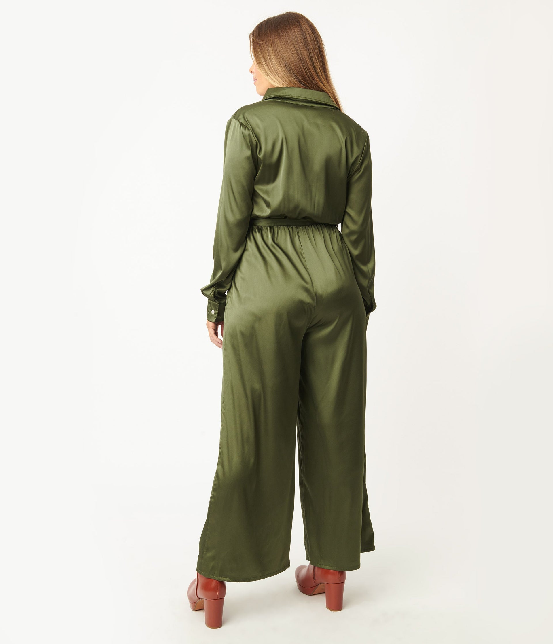 Olive Green Satin Jumpsuit - Unique Vintage - Womens, BOTTOMS, ROMPERS AND JUMPSUITS