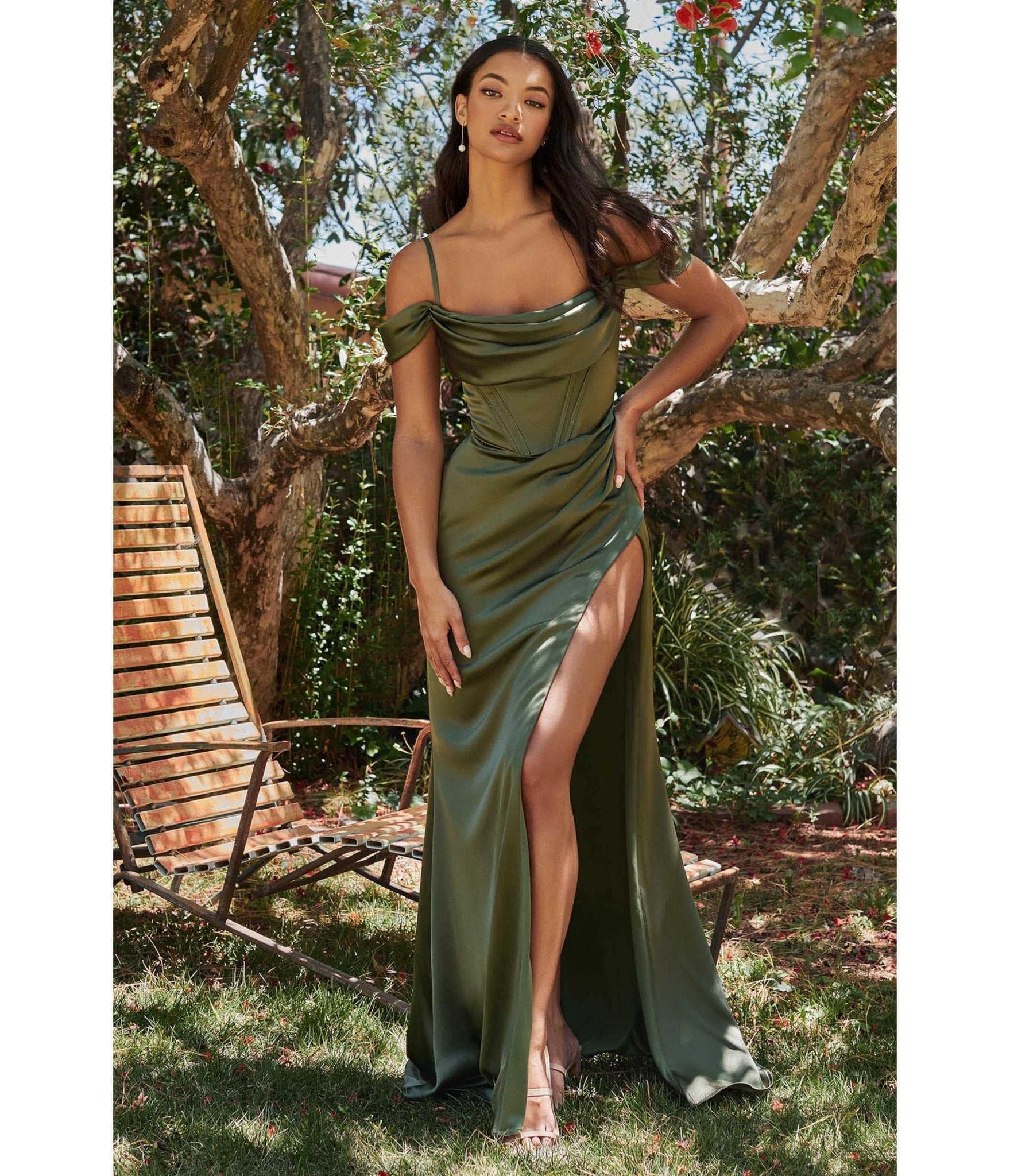 Olive Satin Off the Shoulder Corset Bridesmaid Gown - Unique Vintage - Womens, DRESSES, PROM AND SPECIAL OCCASION