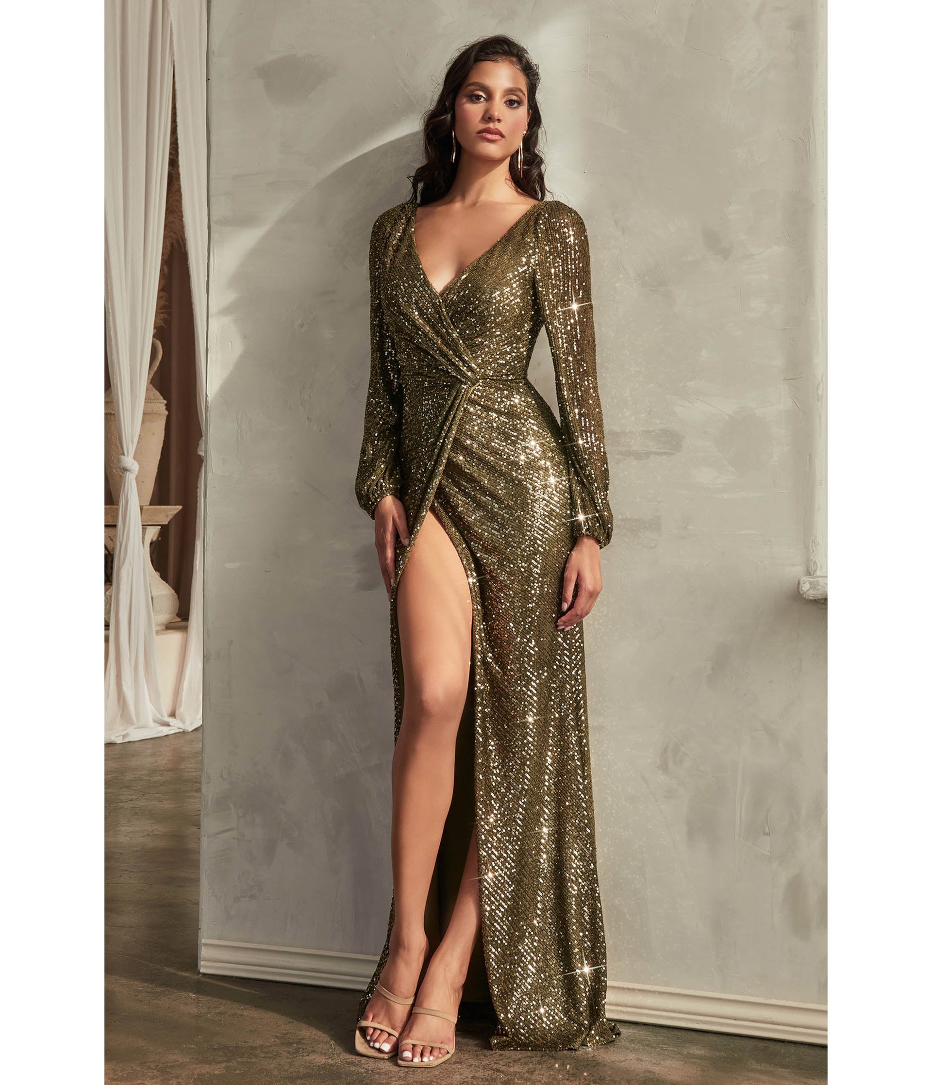 Olive Sequin Long Sleeve Slit Evening Gown - Unique Vintage - Womens, DRESSES, PROM AND SPECIAL OCCASION