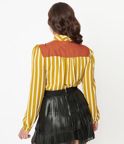 Olive Striped Bow Blouse - Unique Vintage - Womens, TOPS, WOVEN TOPS