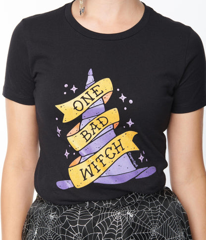 One Bad Witch Fitted Graphic Tee - Unique Vintage - Womens, HALLOWEEN, GRAPHIC TEES