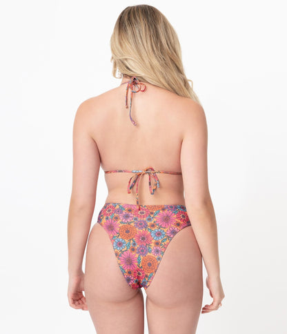 Orange & Floral High Leg Swim Bottoms - Unique Vintage - Womens, SWIM, BOTTOM