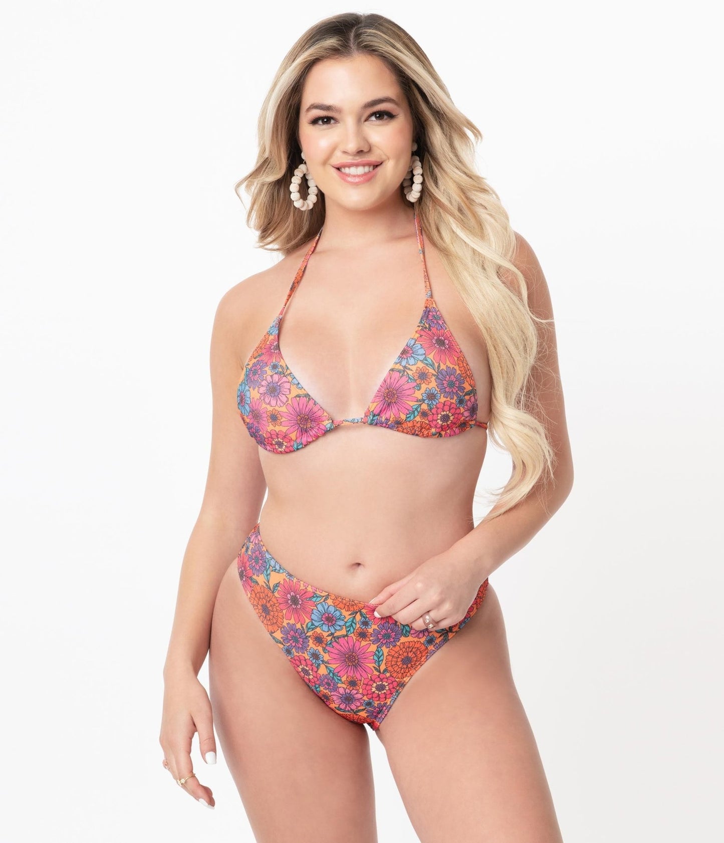 Orange & Floral High Leg Swim Bottoms - Unique Vintage - Womens, SWIM, BOTTOM