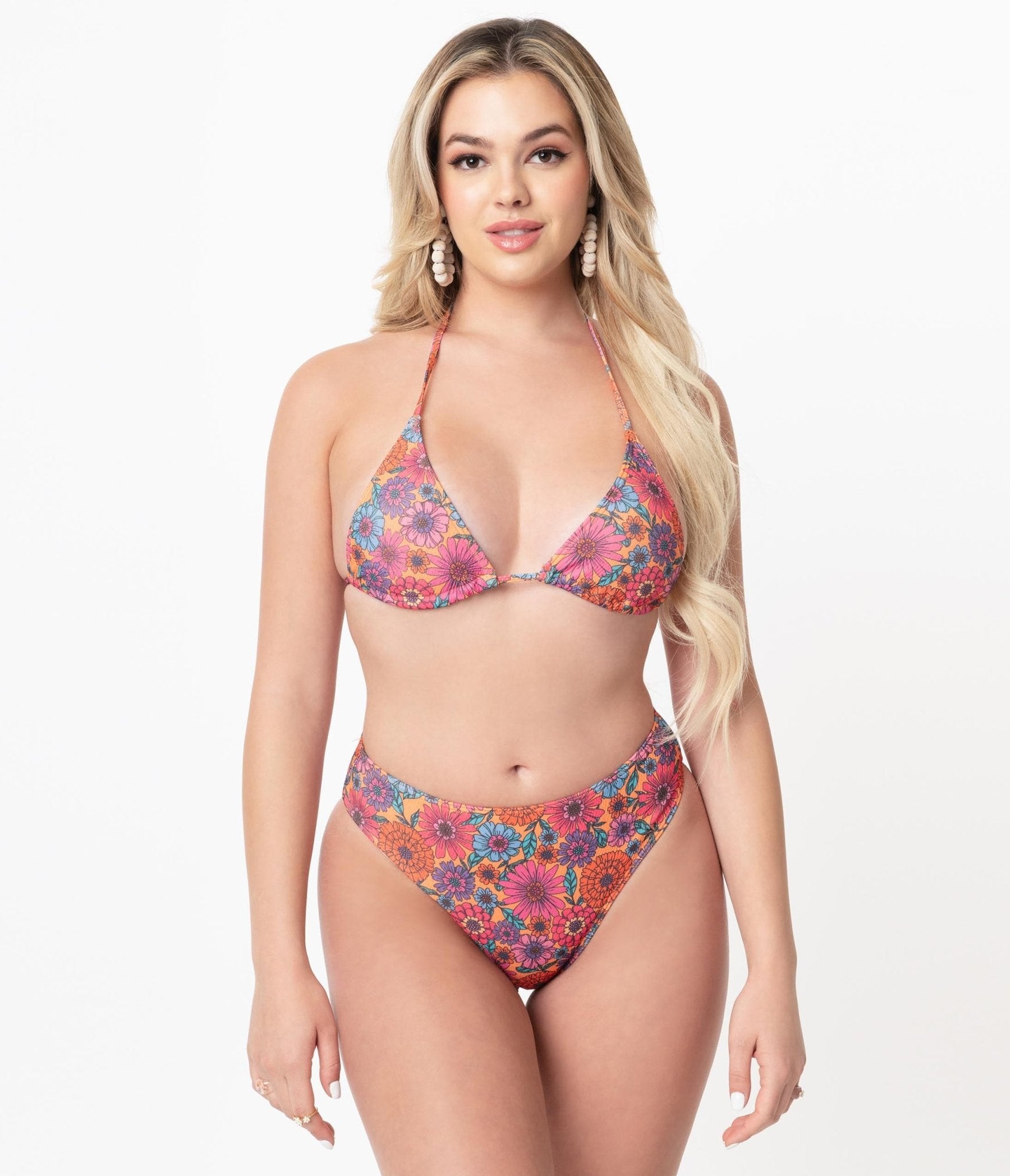 Orange & Floral High Leg Swim Bottoms - Unique Vintage - Womens, SWIM, BOTTOM
