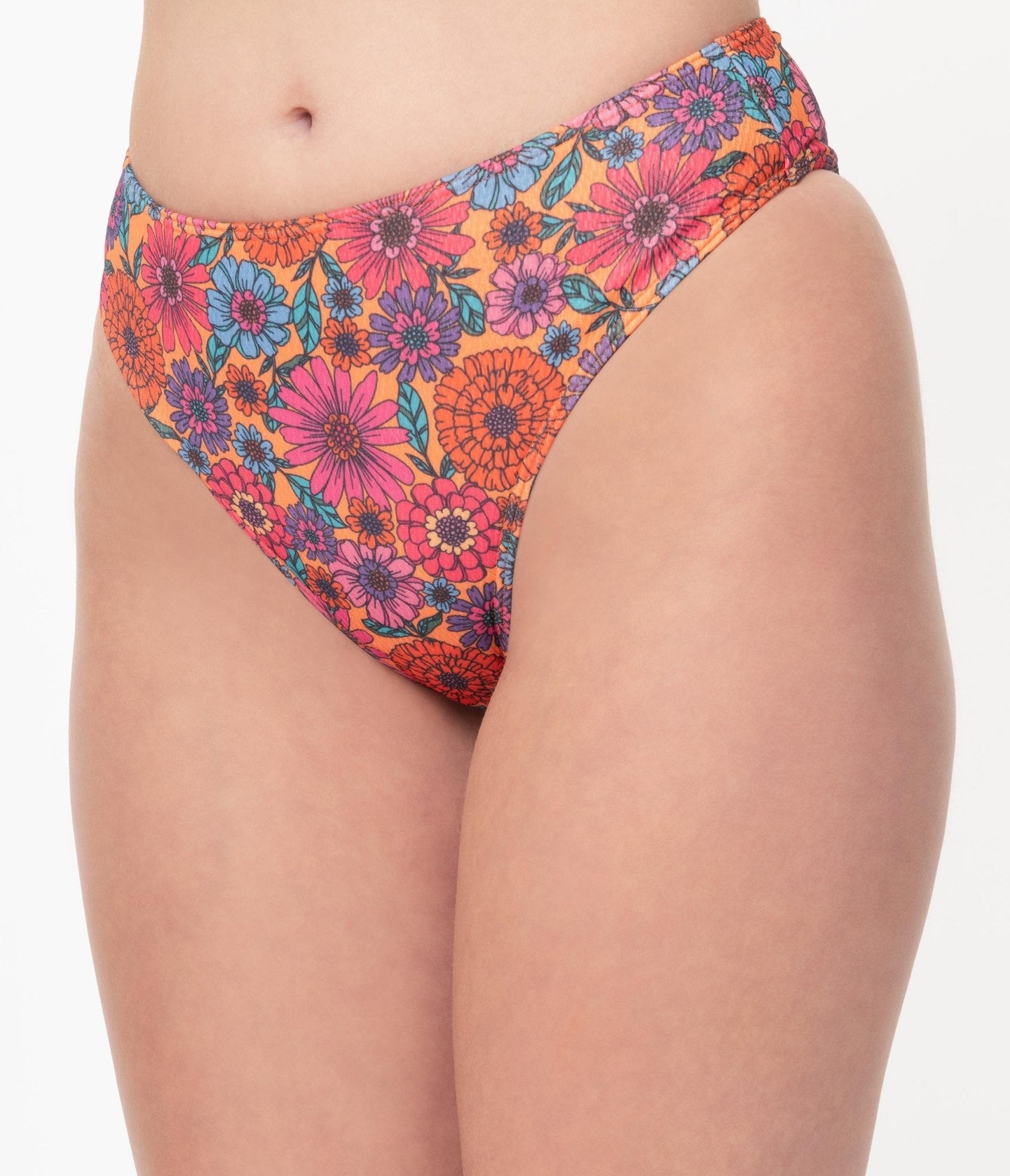 Orange & Floral High Leg Swim Bottoms - Unique Vintage - Womens, SWIM, BOTTOM