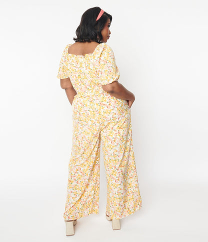 Orange & Pink Brush Strokes Puff Sleeve Jumpsuit - Unique Vintage - Womens, BOTTOMS, ROMPERS AND JUMPSUITS