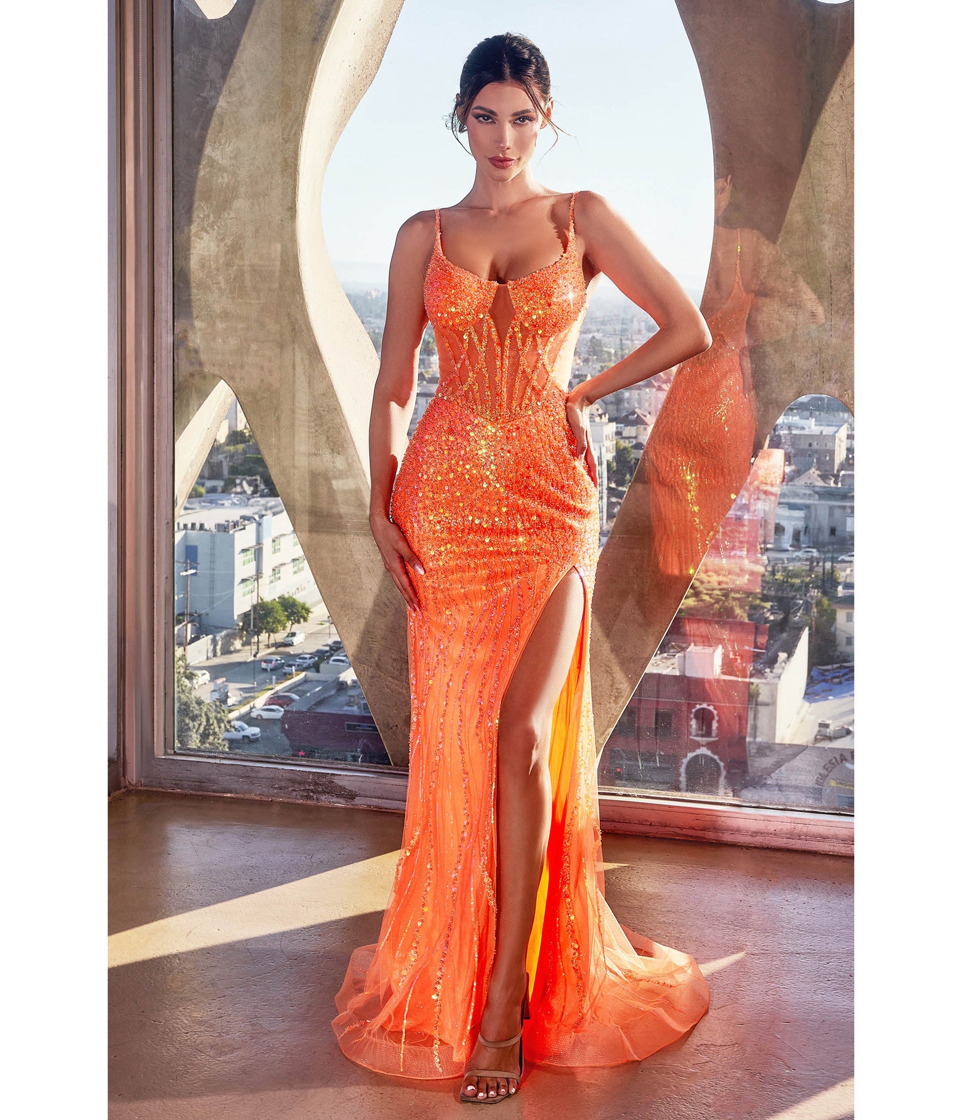 Orange Sequin Beaded High Slit Fitted Prom Gown - Unique Vintage - Womens, DRESSES, PROM AND SPECIAL OCCASION