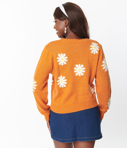 Orange & White Daisy Sweater - Unique Vintage - Womens, TOPS, SWEATERS