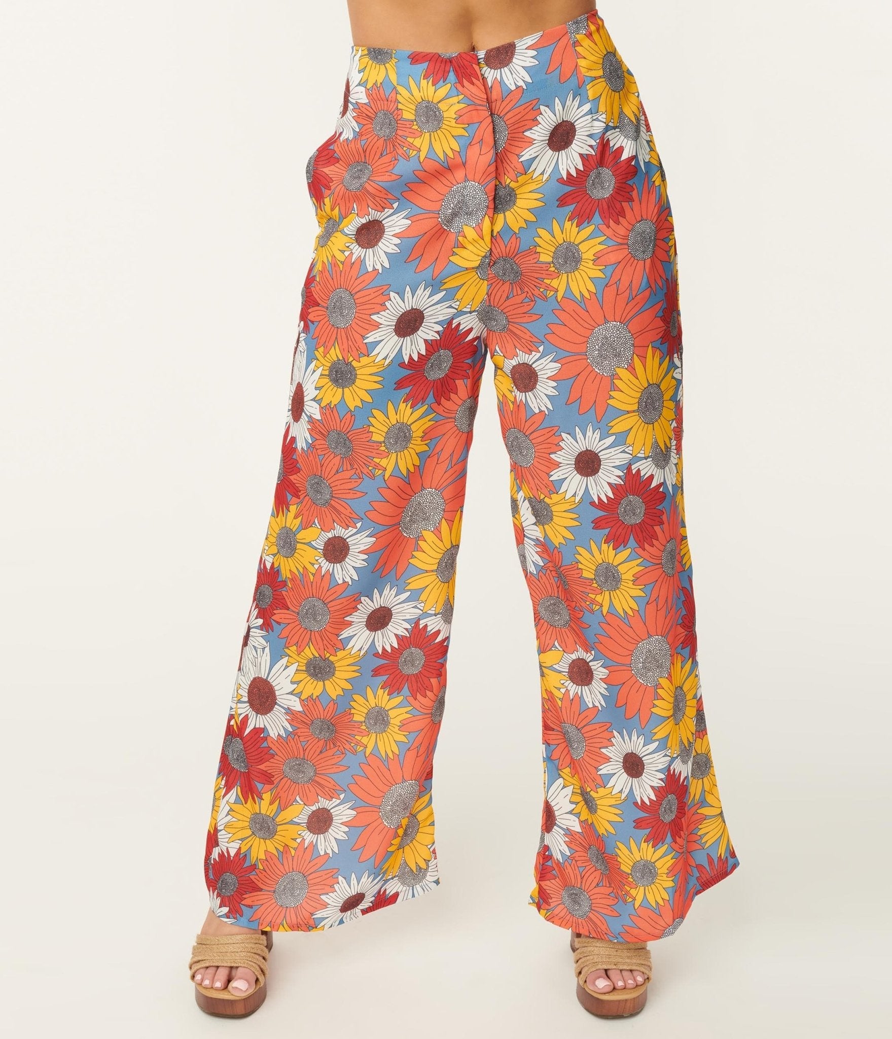 Orange & Yellow Sunflower Bianza Print Pants & Top Set - Unique Vintage - Womens, BOTTOMS, ROMPERS AND JUMPSUITS
