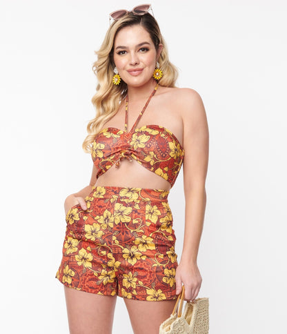 Orange & Yellow Tropical Floral Mimosa Tube Top - Unique Vintage - Womens, TOPS, WOVEN TOPS