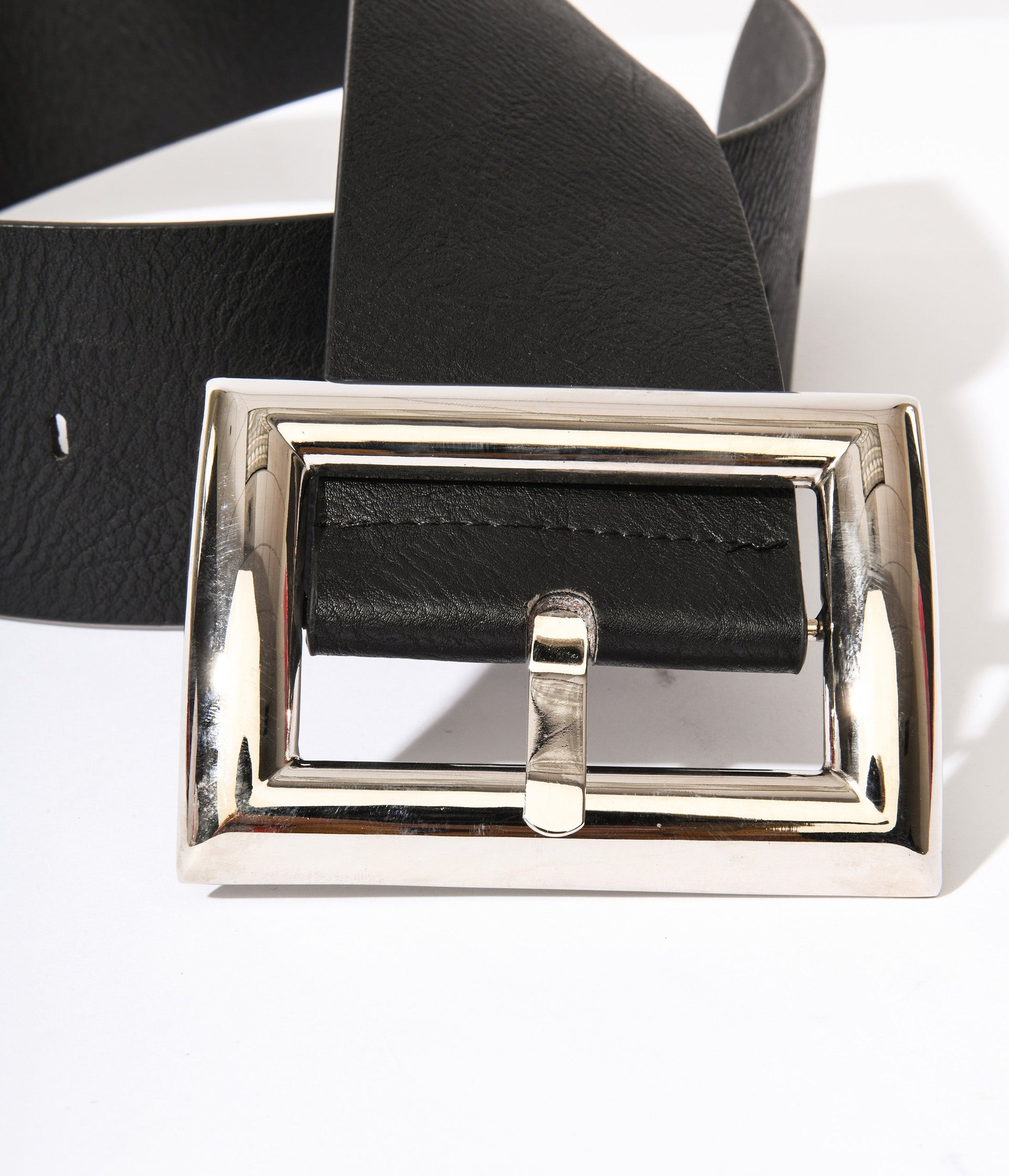 Oversized Silver Buckle Black Chunky Belt - Unique Vintage - Womens, ACCESSORIES, BELTS