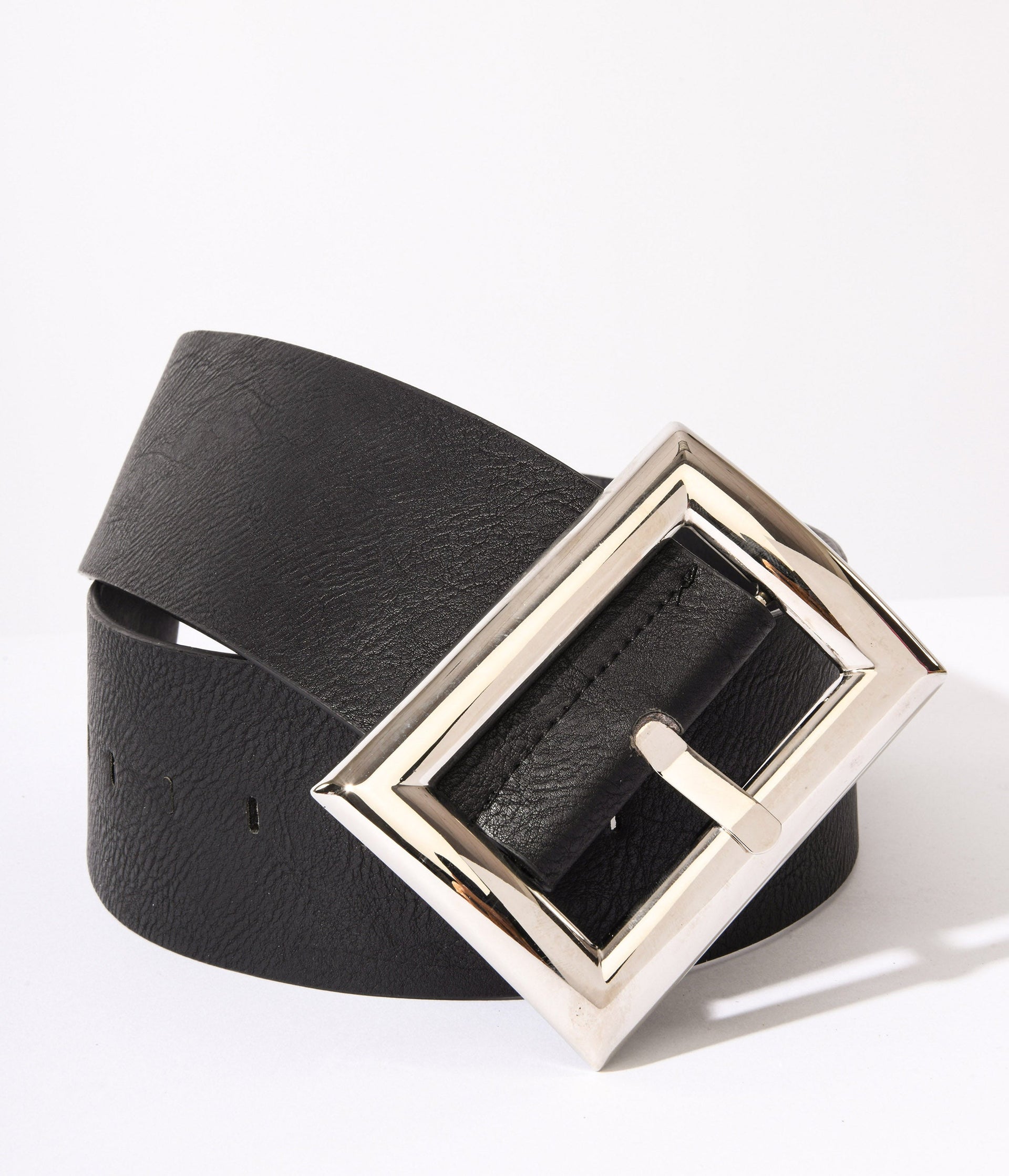 Oversized Silver Buckle Black Chunky Belt - Unique Vintage - Womens, ACCESSORIES, BELTS