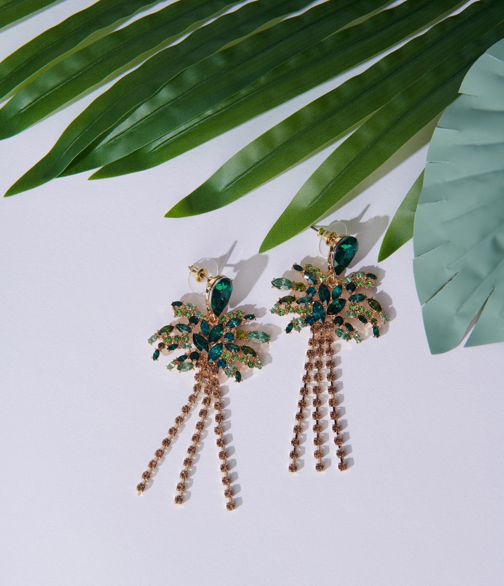 Palm Tree Rhinestone Fringe Drop Earrings - Unique Vintage - Womens, ACCESSORIES, JEWELRY