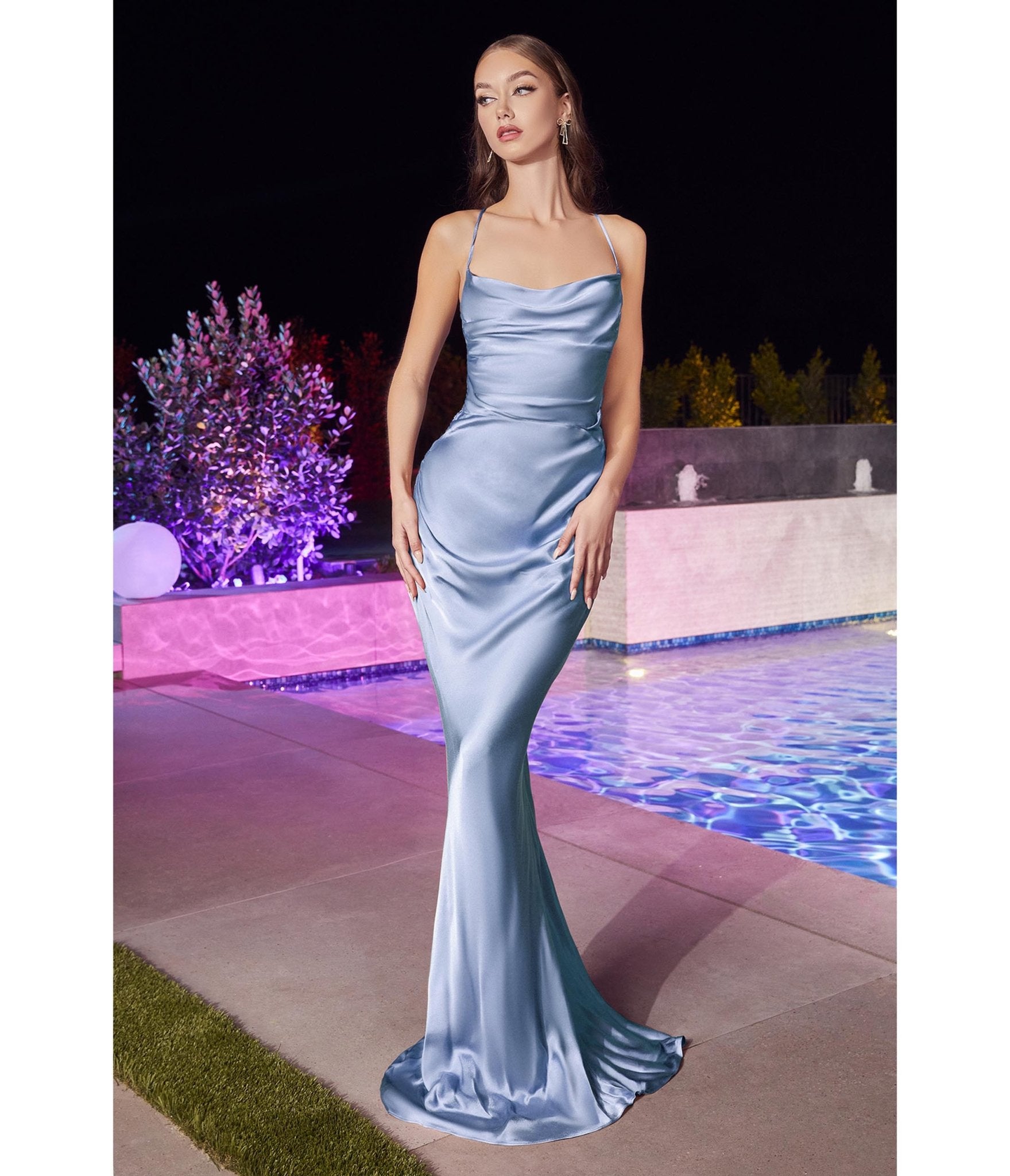 Paris Blue Satin Fitted Slip Bridesmaid Gown - Unique Vintage - Womens, DRESSES, PROM AND SPECIAL OCCASION