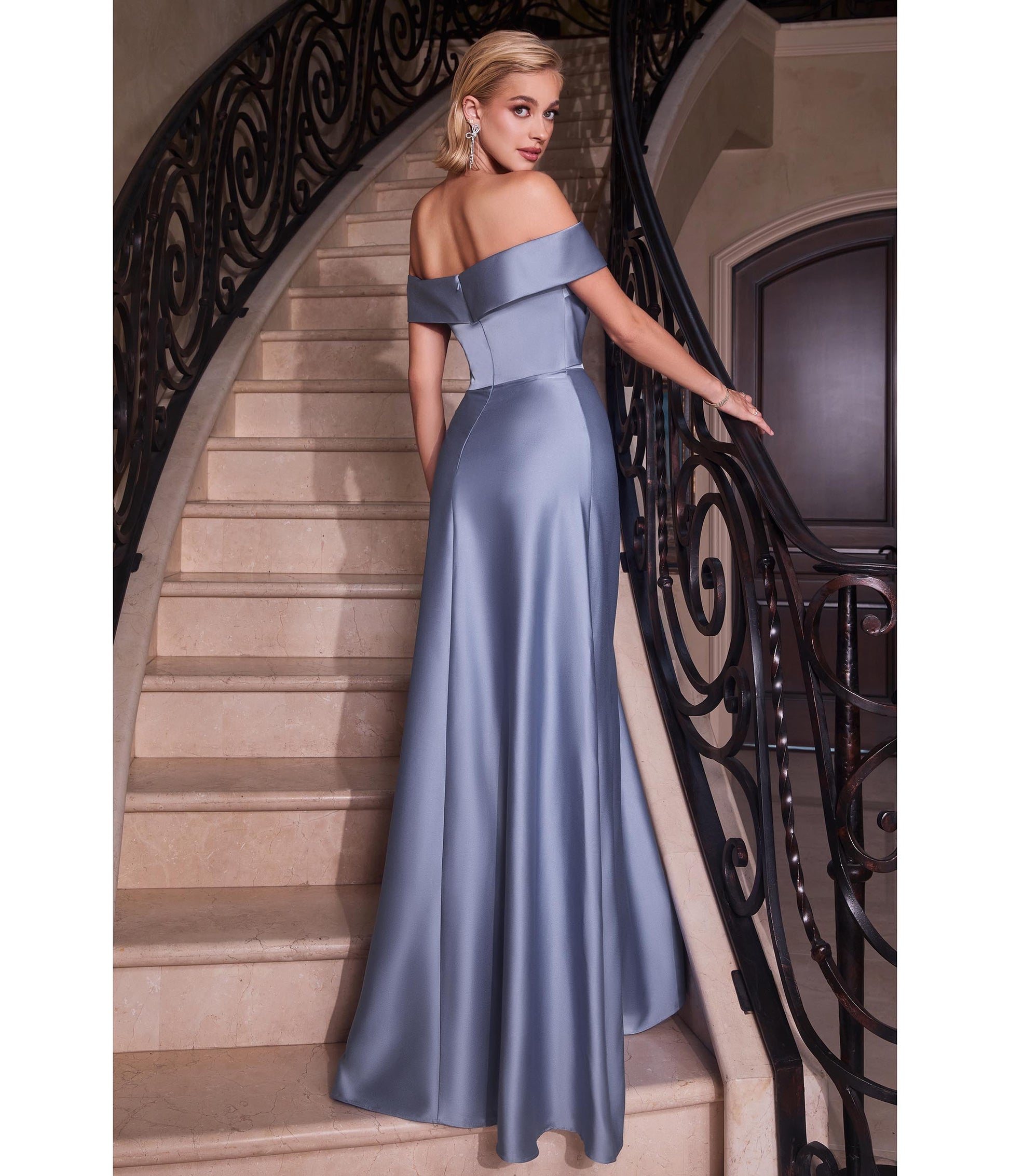 Paris Blue Satin Off The Shoulder Prom Gown - Unique Vintage - Womens, DRESSES, PROM AND SPECIAL OCCASION