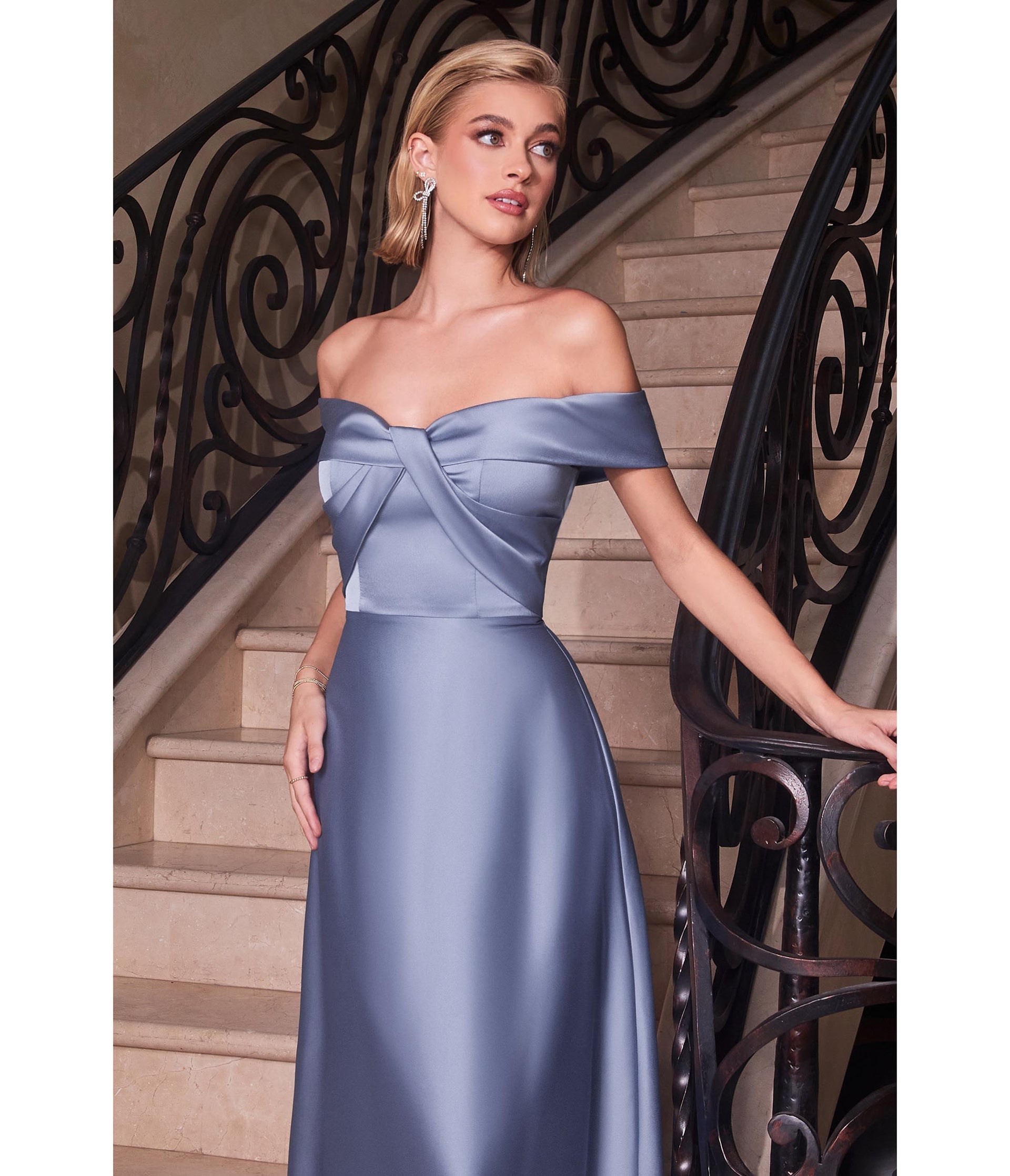 Paris Blue Satin Off The Shoulder Prom Gown - Unique Vintage - Womens, DRESSES, PROM AND SPECIAL OCCASION