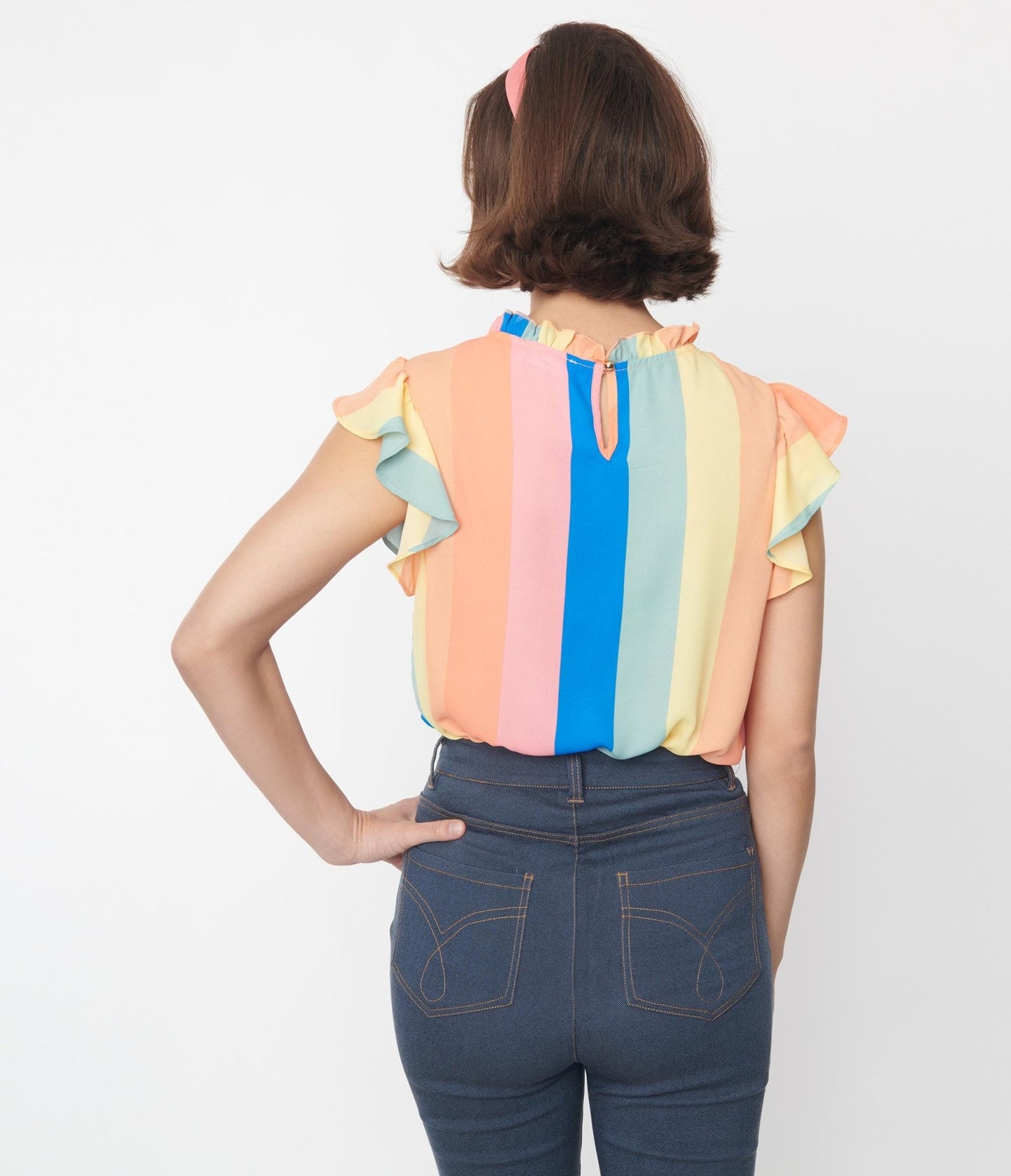 Pastel Rainbow Stripe Ruffled Top - Unique Vintage - Womens, TOPS, WOVEN TOPS