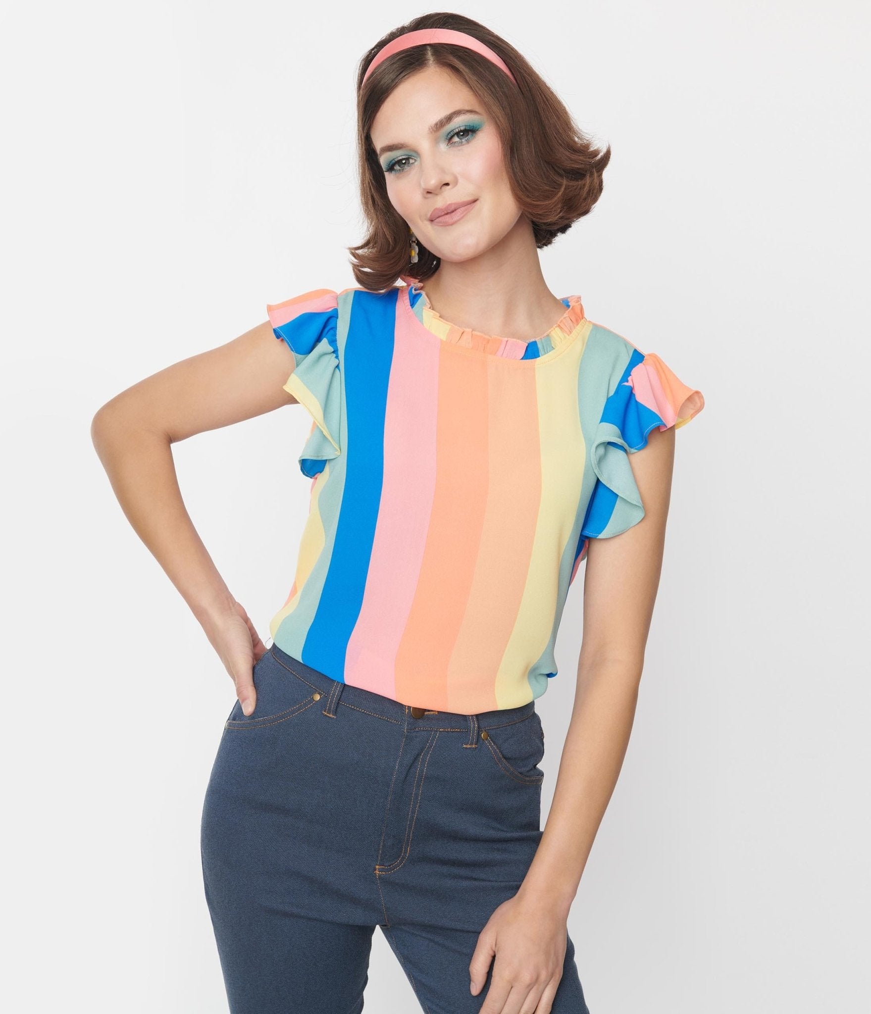 Pastel Rainbow Stripe Ruffled Top - Unique Vintage - Womens, TOPS, WOVEN TOPS