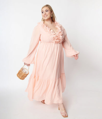 Peach Ruffled Maxi Dress - Unique Vintage - Womens, DRESSES, MAXI