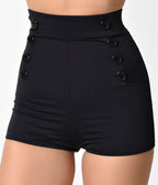 Pin Up Style Black Button High Waist Sailor Swim Bottoms - Unique Vintage - Womens, SWIM, BOTTOM