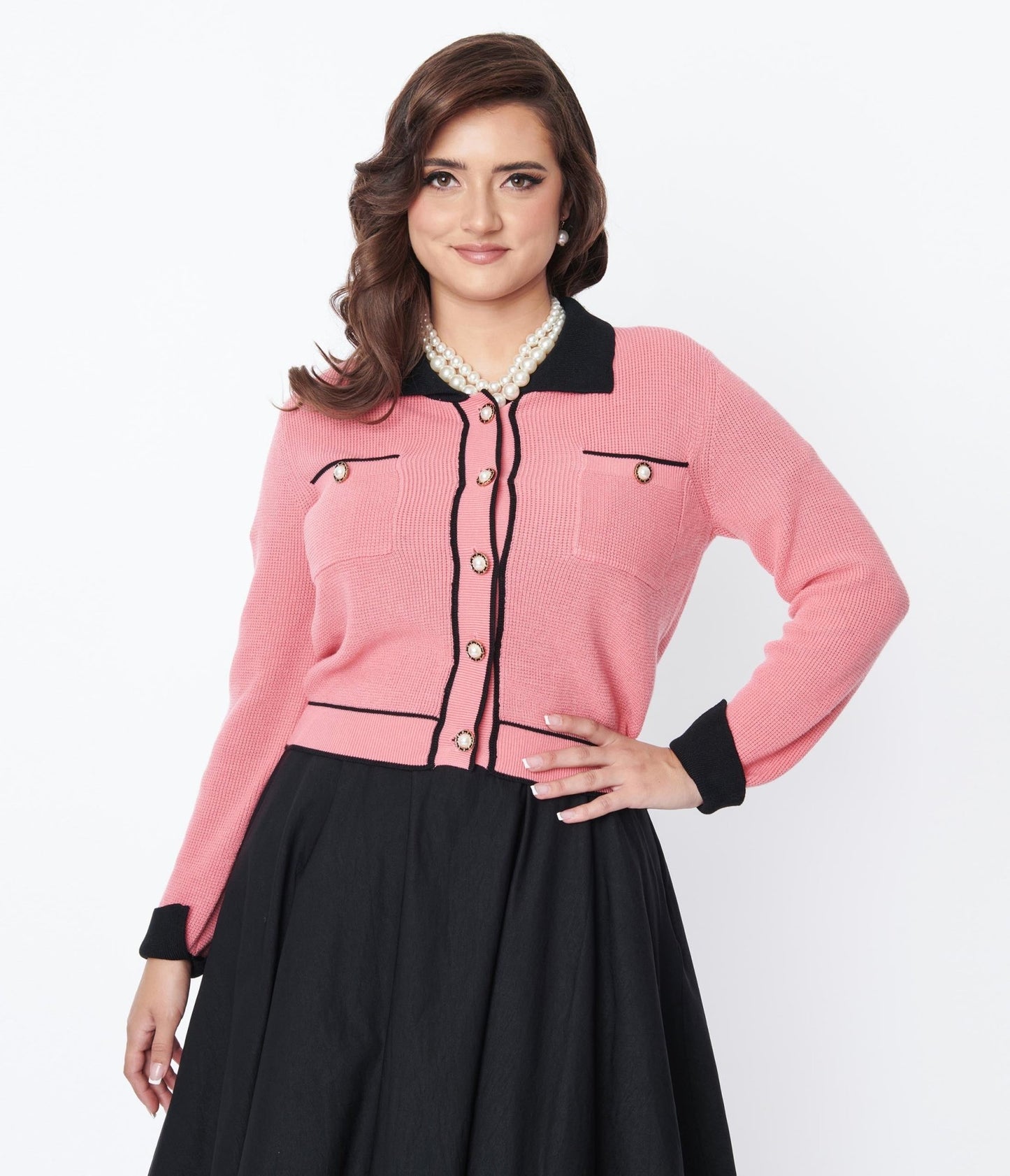 Pink & Black Contrast Knit Cardigan - Unique Vintage - Womens, TOPS, SWEATERS