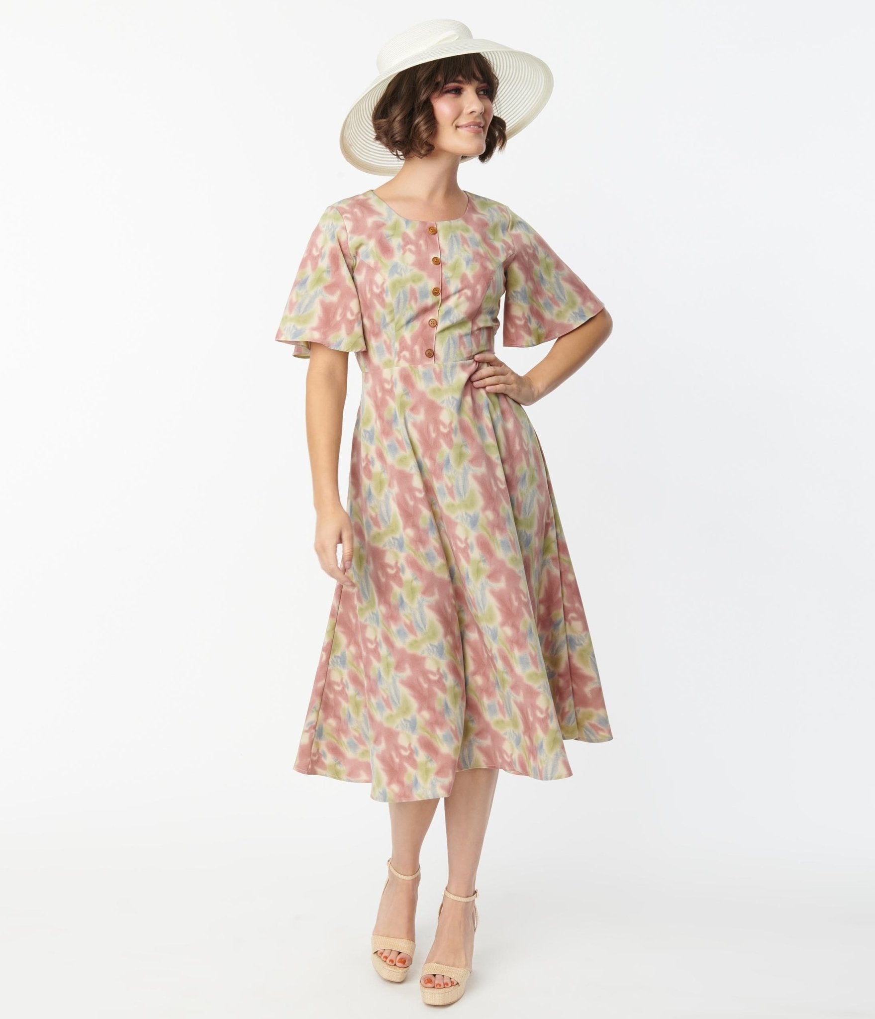 Pink & Blue Watercolor Pattern Festival Midi Dress - Unique Vintage - Womens, DRESSES, MIDI